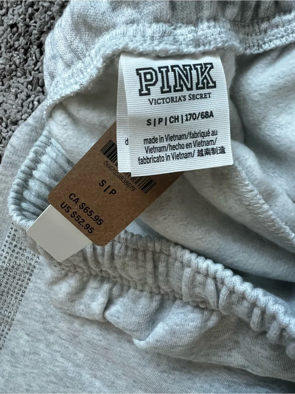 PINK Victoria's Secret Bling Heather Oatmeal Gray Fleece Joggers Small Long - Picture 5 of 5